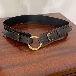 Double brass buckle  faux brown leather Fashion belt 36”